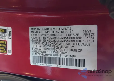 2024 Honda Odyssey Sport from USA, damaged, VIN 5FNRL6H75RB017913